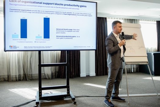 Apresentação de pesquisa do PMI sobre IA Generativa e produtividade
