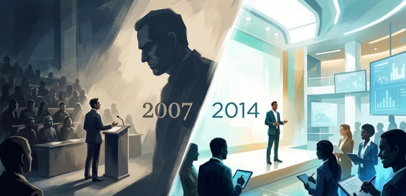 Ilustração contrastando dois momentos da liderança, 2007 e 2014, sobre filtrar feedback